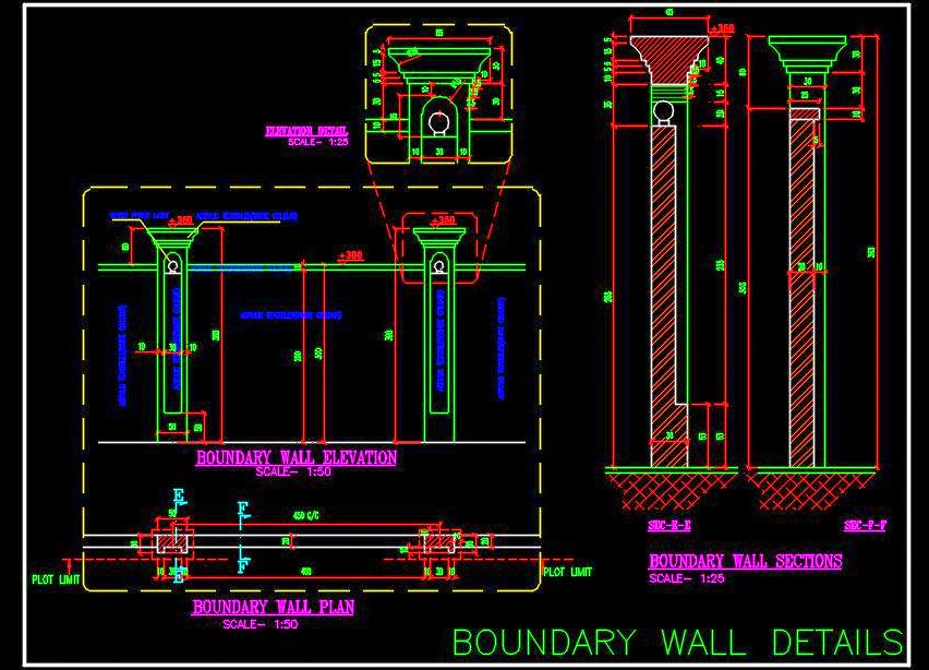 Boundary Wall Design DWG Detailed Construction Drawings